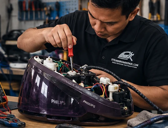 Technician membaiki steam iron di meja kerja